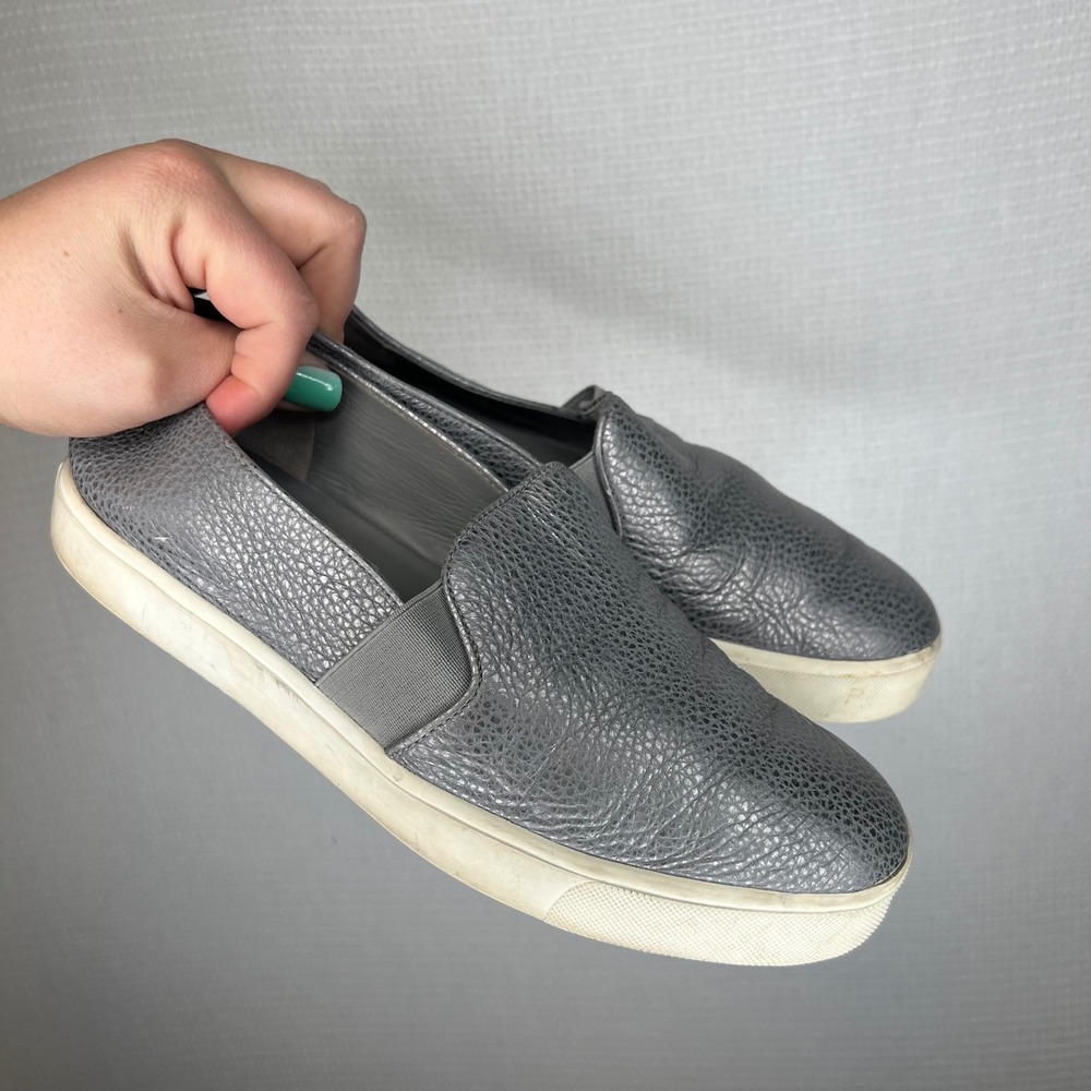 Vince Blair 5 Metallic Pewter Grey Pebbled Leather Slip On Sneakers Womens 8.5M